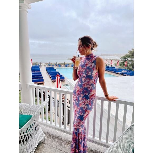 CAROLINE CONSTAS Blue Floral Mock Neck Sleeveless Trumpet Brigitta Gown Size M - Picture 12 of 15